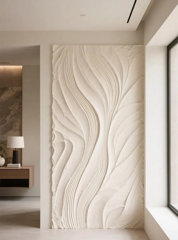 CNC-carved decorative wave pattern wall panel in white WPC for modern interior design
