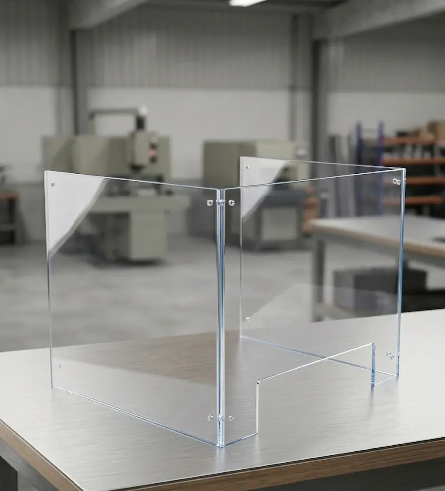 Custom-fabricated clear polycarbonate protective sneeze guard shield with bolt fasteners for safety barriers