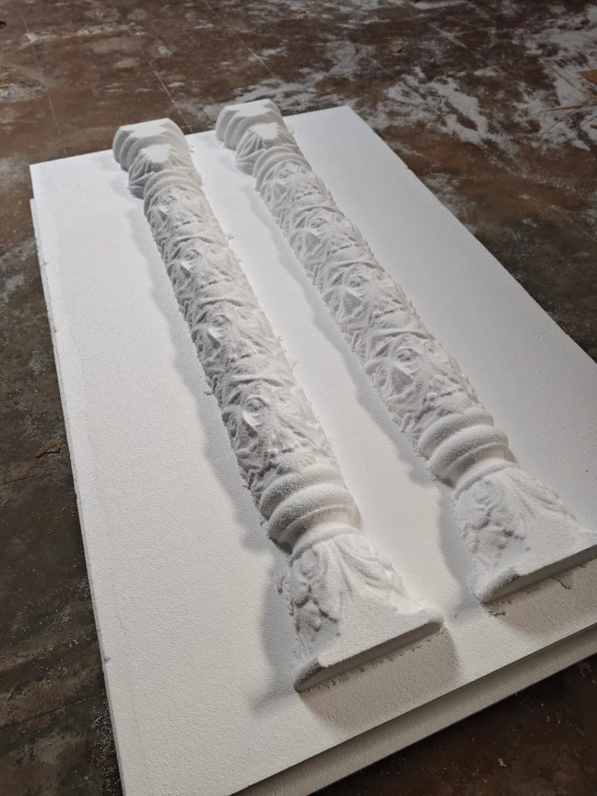 CNC-carved decorative pillar columns with ornate detailing crafted from thermocol foam
